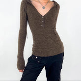Aiertu - Y2K Brown V-neck Hooded Sweater Vintage Basic Slim Button Up Knitted Pullovers Autumn Casual Streetwear Outfits Lady Aiertu