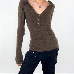 Aiertu - Y2K Brown V-neck Hooded Sweater Vintage Basic Slim Button Up Knitted Pullovers Autumn Casual Streetwear Outfits Lady Aiertu