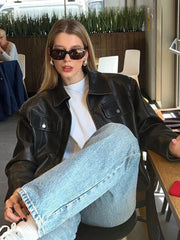 Aiertu - Women Chic Lapel Loose Leather Jacket Fashion Solid Button Zipper Pockets Short Coat 2026 Autumn Lady Chic High Street Outerwear Aiertu