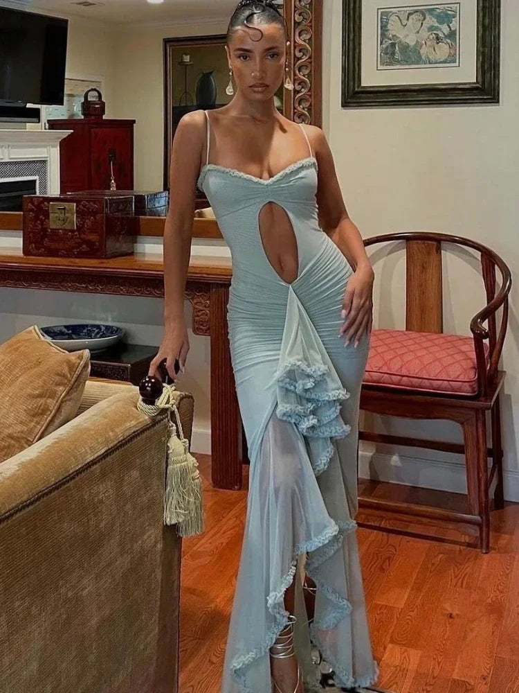 Aiertu - Blue Long Party Dress Summer Sexy Spaghetti Straps Hollow Out Bodycon Dresses Women Ruffles Irregular Evening Wedding Dress 2026 Aiertu