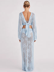 Aiertu - Hollow Out Knitted Beach Skirts Suit Women Sexy Bikini Cover-Ups Long Sleeve Crop Tops Long Skirt Set Holiday Crochet Beachwear Aiertu