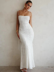 Aiertu - exy Backless Double Layer Women Maxi Dress White Spaghetti Strap Evening Dress Summer Skinny Elegant Party Clubwear Aiertu