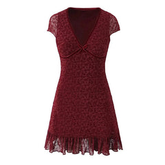 Aiertu - Summer Women Short Sleeve Bow V Neck A-line Mini Dress Lady High Waist Hem Ruffle Floral Wine Red Dresses Vintage Robe Aiertu