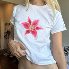 Aiertu y2k Crop Top Women Baby Tee Floral Print Round Neck Short Sleeve T Shirt Fairycore Aesthetic 2000s Clothes Streetwear Aiertu