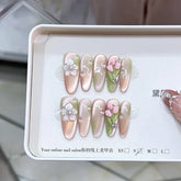 Aiertu - 10PCS Sweet Flower Long Oval Handmade Press on Nail with Glitter Pink Cat Eye Gradient Summer Color Fake Nail Wearable Nail Tips Aiertu