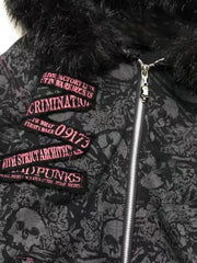 Aiertu - Goth Skull Print Y2k Hoodies Jackets Women Vintage Harajuku Coat Aesthetic Grunge Fur Patchwork Hooded Jacket Fairy Zipper Coat Aiertu