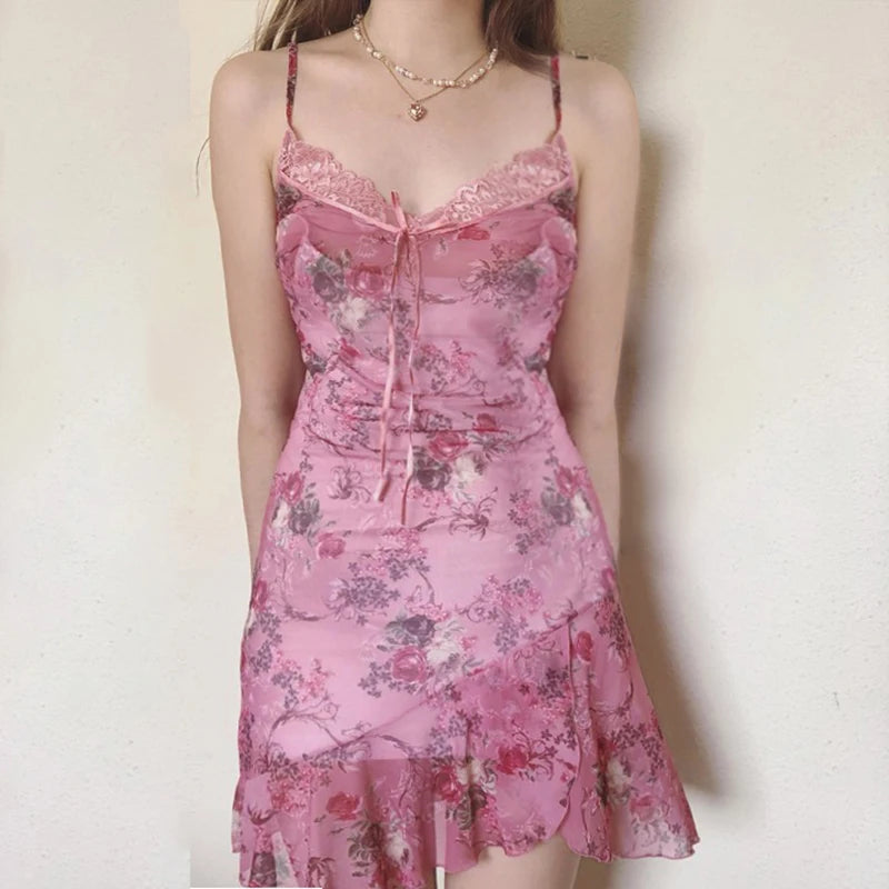 Aiertu - Sweety Floral Printed Lace Patchwork Strap Dress Women Summer Holiday With Frill Trim Sundress Y2K Aesthetic Slimming Aiertu
