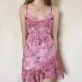 Aiertu - Sweety Floral Printed Lace Patchwork Strap Dress Women Summer Holiday With Frill Trim Sundress Y2K Aesthetic Slimming Aiertu
