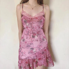 Aiertu - Sweety Floral Printed Lace Patchwork Strap Dress Women Summer Holiday With Frill Trim Sundress Y2K Aesthetic Slimming Aiertu