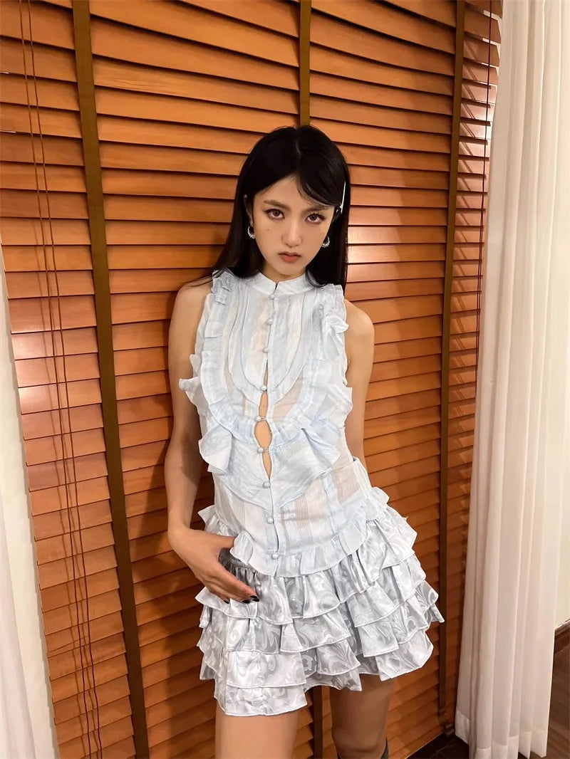 Aiertu Y2k Sleeveless Shirt Cake Skirt Women 2-piece Set Blouse Top Tiered Ruffle Jacquard Mini Skirt Medieval Retro Clothes Aiertu