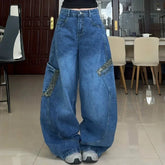 Aiertu - Streetwear Retro Large Size Leopard Print Splicing Loose Jeans Women's Men's Trendy Harajuku High Waisted Jeans Wide Leg Pants Aiertu