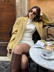 Aiertu - Mid Length Suit Woolen Coat Jacket Yellow Lapel Fashion Commuting Overcoat Casual Loose Slimming Minimalist Elegance Outwear Top Aiertu