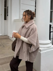 Aiertu - Women Grey Loose Half Sleeve Fluffy Faux Fur Coat Fashion Casual Winter Warm Soft Plush Jacket New Lady High Street Outerwear Aiertu