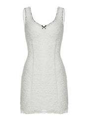 Aiertu -Contrast Lace Trim V-Neck Bow Double-Layer Dress aiertu