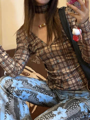 Aiertu - Korean Plaid Harajuku Slim Tee Shirts Vintage Print Tie Grunge Women's Tops Fashion Y2k Aesthetic Chic Streetwear T-Shirts 2025 Aiertu