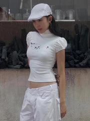 Aiertu Streetwear Summer Half High Collar Women's Tops Vintage Flower Printing Harajuku T-shirts Y2k Aesthetic Puff Sleeve Grunge Tees Aiertu