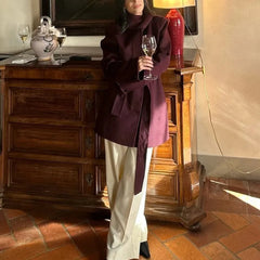 Aiertu - Elegant Burgundy Belt Stand Collar Jacket Women Fashion Long Sleeve Button Wool Blend Coats Chic High Street Lady Long Outwears Aiertu