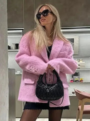 Aiertu - Loose Lapel Plush Jacket Female 2026 Autumn Winter New Warm Solid Button Long Sleeve Coat Office Lady Outwear Elegant Aiertu