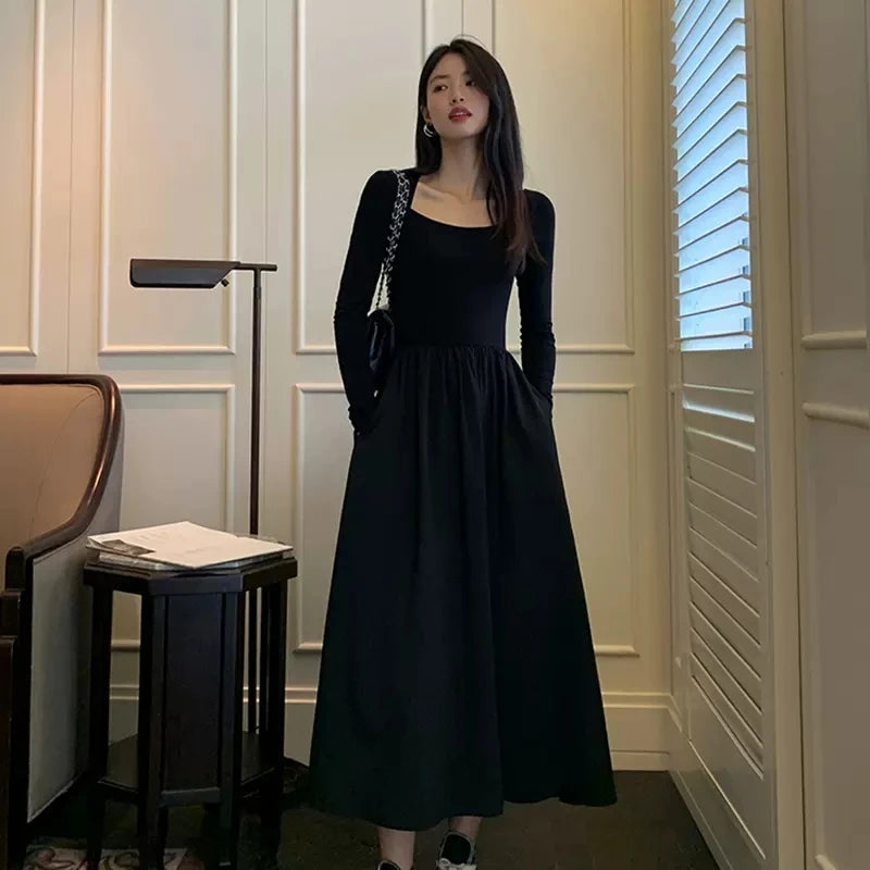 Aiertu Vintage Square Collar Maxi Wedding Dresses for Women Clothing Party Office Lady Casual Black Pockets Bodycon Midi Dress Autumn Aiertu