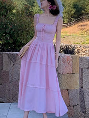Aiertu - French Pink Womens Dresses Elegant Sweet Square Collar Sleeveless Lace-up Casual Vestidos Holiday Birthday Party Midi Dress New Aiertu