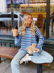 Aiertu - Women Casual Blue Striped Sweater Tops Fashion Loose Long Sleeve O-neck Knitted Jumpers Autumn Ladies High Street Knitwear Aiertu