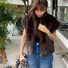 Aiertu - New Faux Mink Fur Double-sided Wear Cotton-padded Jacket Vests Winter Women Thick Warm Short Waistcoat Fur Vest Outerwear Aiertu
