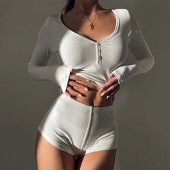 Aiertu - Homewear Two Piece Outfits for Woman Spring Summer Long Sleeve Button Crop T-shirt+Elastic Waist Mini Shorts Casual Suits Aiertu