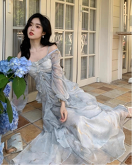 Aiertu French Fashion Print Fairy Long Dresses Women Autumn New Ruffles A-Line Party Birthday Vestidos Female One Piece Clothes Aiertu