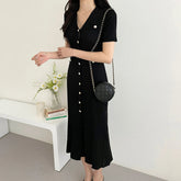Aiertu Knitted Black Bodycon Korea Style Ruffle Ladies Short Sleeves Midi Dresses Elegant Casual V-neck Mermaid Dress for Women Summer Aiertu