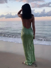 Aiertu - Sexy Deep V-neck Sequin Dress Women Sling Sleeveless Backless Slim Hip Package Long Dresses Female 2025 Spring Summer Lady Gown Aiertu