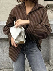 Aiertu - Vintage Solid Striped Pocket Blouse Women Single Breasted Long Sleeve Loose Tops Shirt 2025 Spring New Streetwear Casual Blouses Aiertu