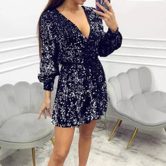 Aiertu - Sexy Deep V-neck Long Sleeve Mini Dress Women Fashion Shiny Sequins Lace-up A-Line Dress Fashion Hight Waist Club Party Dresses Aiertu