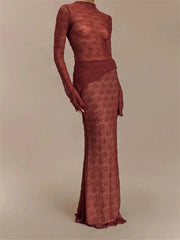 Aiertu - Sexy Lace See Through Long Skirt 2 Piece Set Women Solid Half High Collar Long Sleeve Slim Top and Floor Length Skirt Outfit Aiertu