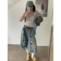 Aiertu Y2K Streetwear Denim Shorts Women American Vintage High Waist Baggy Wide Leg Denim Shorts New Hole Straight Knee Length Pants Aiertu