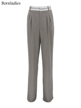 Aiertu - Elegant Loose Gray Office Ladies Pants Fashion High Waist Straight OL Trousers Chic Spliced Full Length Women Pants Aiertu