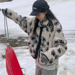 Aiertu - Sweet Flower Pattern Double-Sided Wear Outerwear Korean Series Faux Lamb Wool Jacket Women Winter Clothing Loose Warm Thick Coat Aiertu