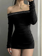 Aiertu -Rhinestone Off-Shoulder Ruched Long Sleeve Mini Dress aiertu