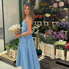 Aiertu - Elegant and Beautiful Women Dresses 2026 Summer Spaghetti Strap Long Plaid Dress with Pocket Female Vacation Dress Aiertu