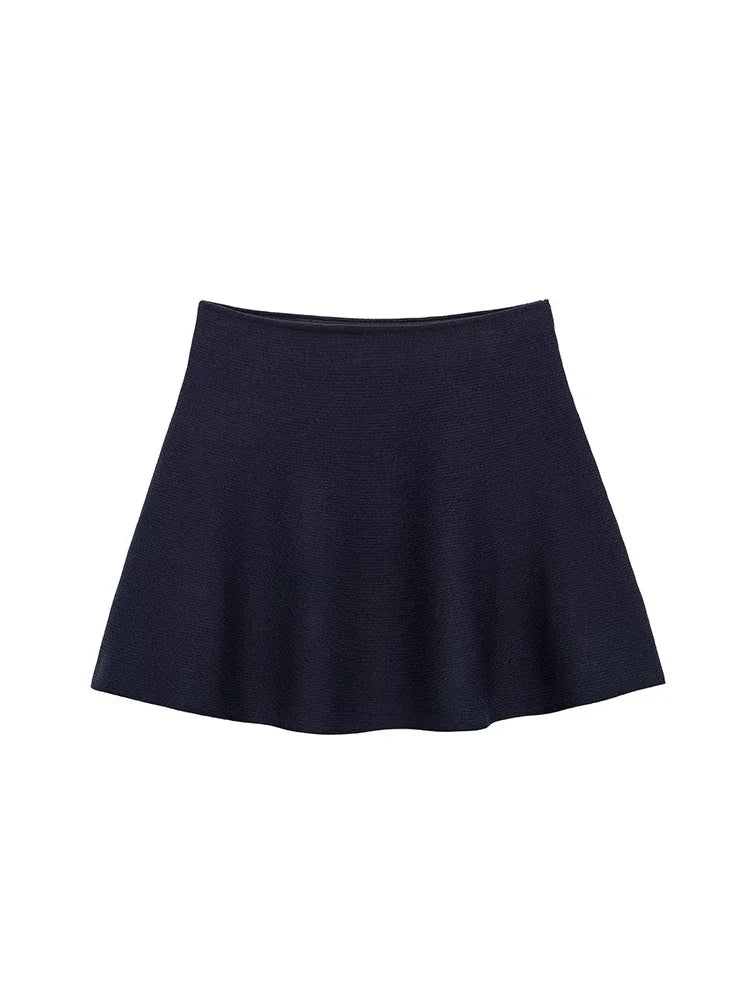 Aiertu Women Fashion Navy Blue A-Line Knitted Mini Skirt Vintage High Elastic Waist Female Chic Lady Skirts Aiertu