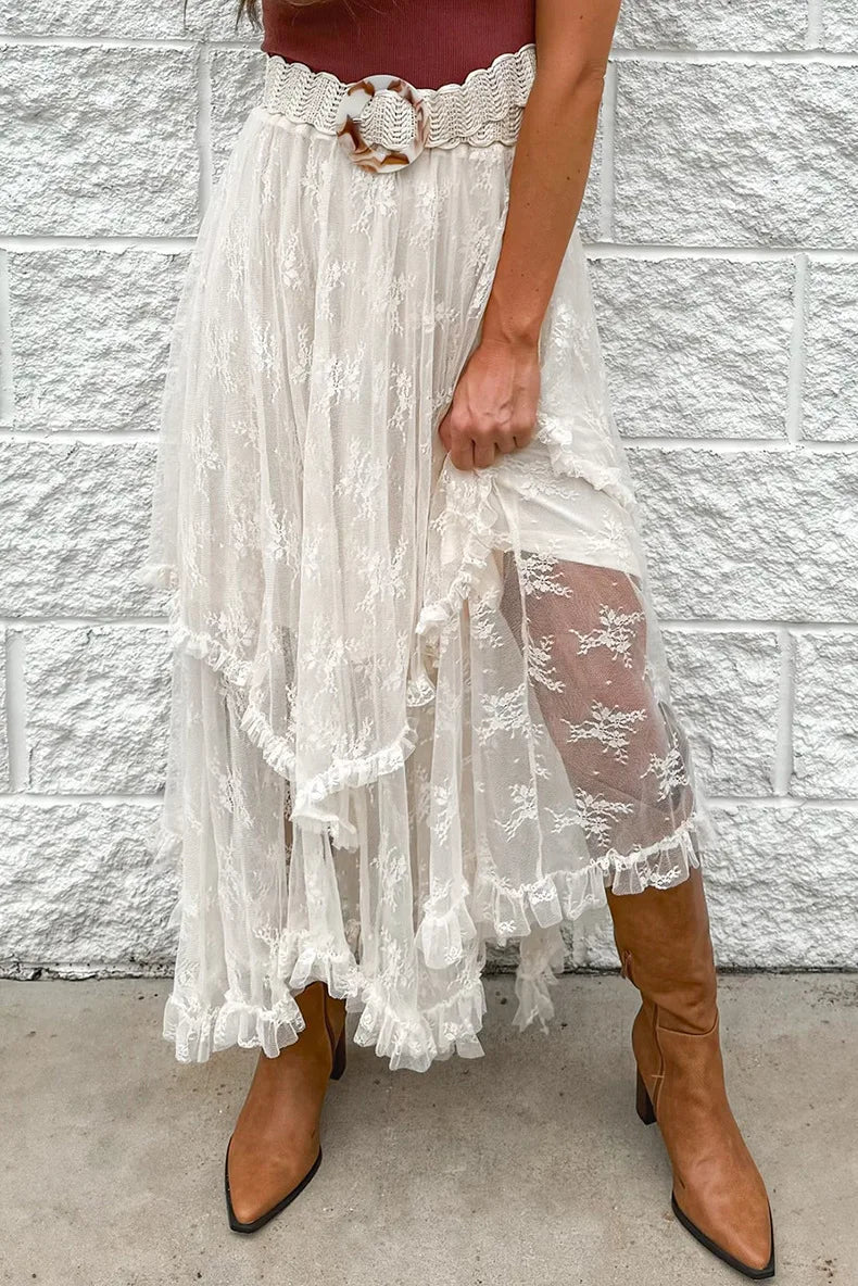 Aiertu - New Irregular Lace Long Skirt Elastic Waist Loose Women Skirt Ruffle Bohemian Vacation Summer Skirts Cowbaoy Female Cloth Aiertu