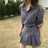 Aiertu - Fake Denim Fashion Spring Summer Outfits 2025 New Lapel Blouse Top And Short Skirt Two Piece Set Streetwear Shirts + Pleat Skirt Aiertu