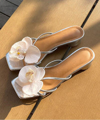 Aiertu Pink Floral Splicing Chunky Slide Sandals Peep Toe Aiertu