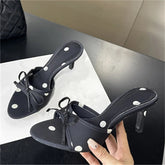 Aiertu - Summer Satin Polka Dot Butterfly-kont Thin Heels Women Slippers Fashion Open Toe Party Slides Shoes Aiertu