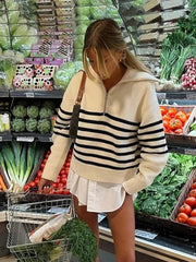 Aiertu - Striped Knitwear Women Sweaters New Half Zipper Laple Thicken Casual Fashion Women Pulovers Autumn Winter Fashion Lady Knitwear Aiertu