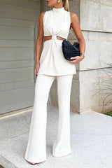 Aiertu - Casual Street Hollow Out Half A Turtleneck Sleeveless Two Pieces Aiertu