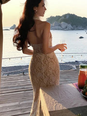 Aiertu - Sexy Lace Evening Dresses for Women Elegant V-Neck Halter Backless Bodycon Party Long Dress Slim Split Vestidos Female Clothing Aiertu