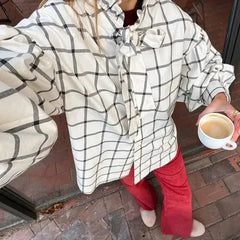 Aiertu - Elegant Plaid Lace Up Women Shirts 2026 Spring Ruffle Long Sleeve Single Breasted Simple Blouses Female Casual Loose Lady Tops Aiertu