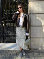 Aiertu - Fashion Pu Leather Brown Lapel Jacket Casual Long Sleeve Single Breasted Office Coat 2026 Autumn Chic High Street Lady Outwears Aiertu