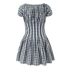 Aiertu - Vintage Women Black White Plaid Dresses Short Sleeve O Neck Slim Waist A-line Mini Casual Summer Dress Aiertu