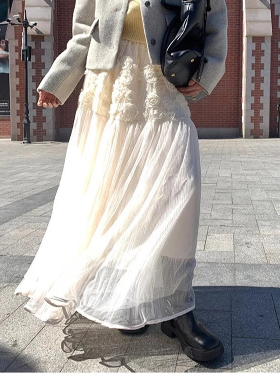 Aiertu - 3D Flower Mesh Long Skirt Women Korean Fashion Elastic Waist A-line Faldas Spring Casual Elegant Simple Midi Skirts 2025 New Aiertu